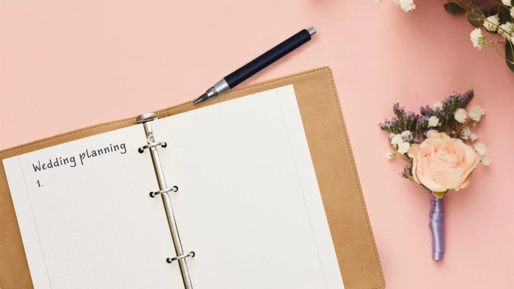 Wedding planning checklist beside a bridal bouquet