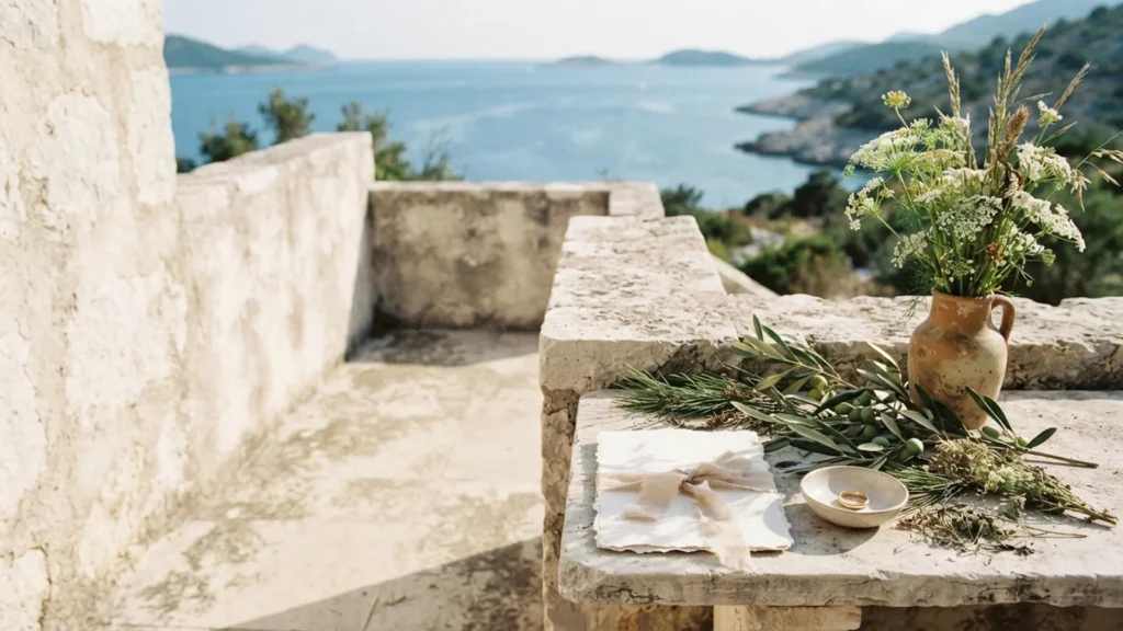 Pine, olive leaves and pale limestone above distant Adriatic water.