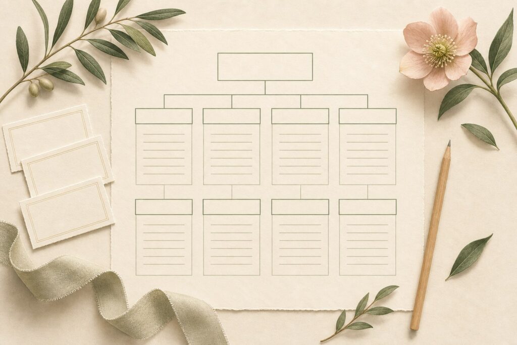 Illustrative overhead seating-chart planning scene with blank place cards, pencil, ribbon and olive branches.