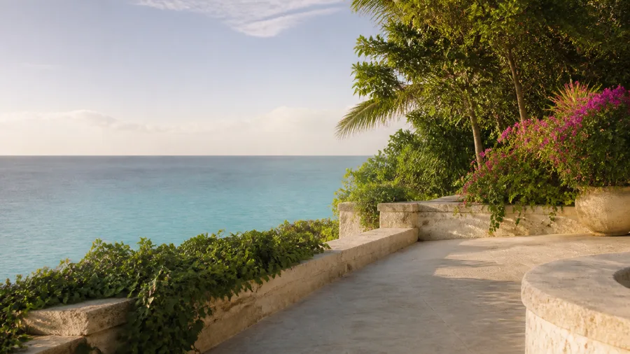 AI-generated illustrative coastal terrace with tropical greenery and turquoise water