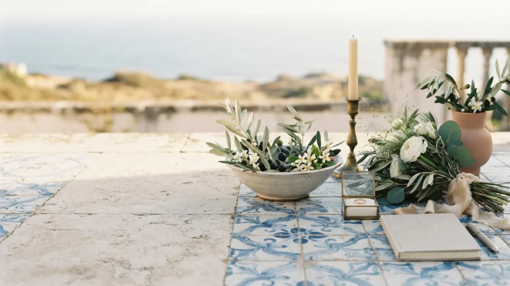 Blue-and-white tile, olive leaves and pale stone on an Atlantic-facing terrace.