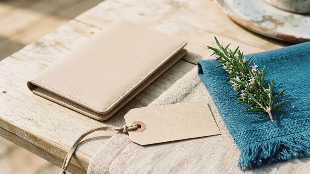 Pale travel folio, blank luggage tag, linen and Adriatic-blue textile.