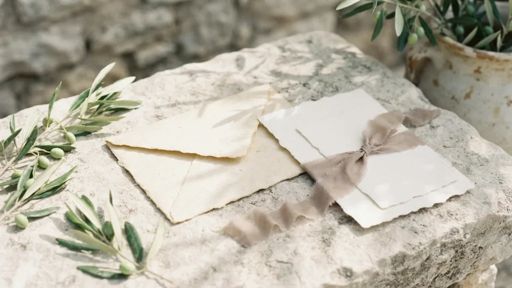 Cream envelope and blank deckled cards with olive leaves on limestone.