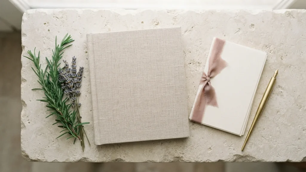Blank linen folio, cream paper, pen and rosemary on pale stone.