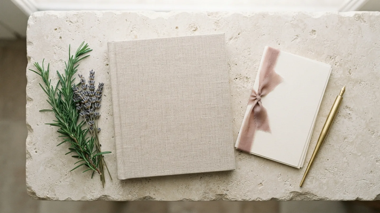 Blank linen folio, cream paper, pen and rosemary on pale stone.