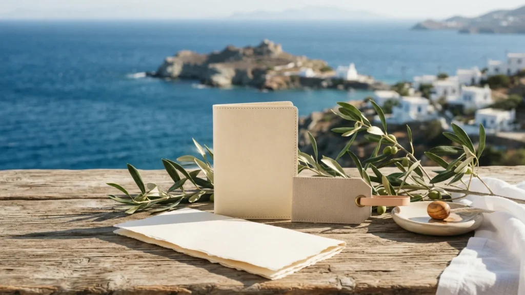 AI-generated illustrative travel folio and olive branch, created with Depositphotos; not a passport or official travel document.