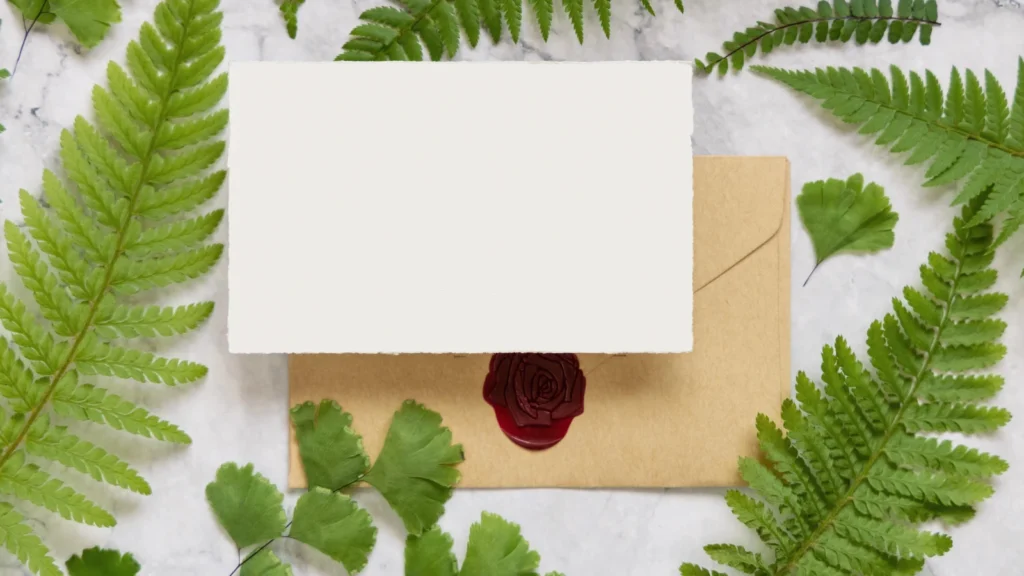 A blank card and a sealed envelope on a marble surface, framed by fern leaves.