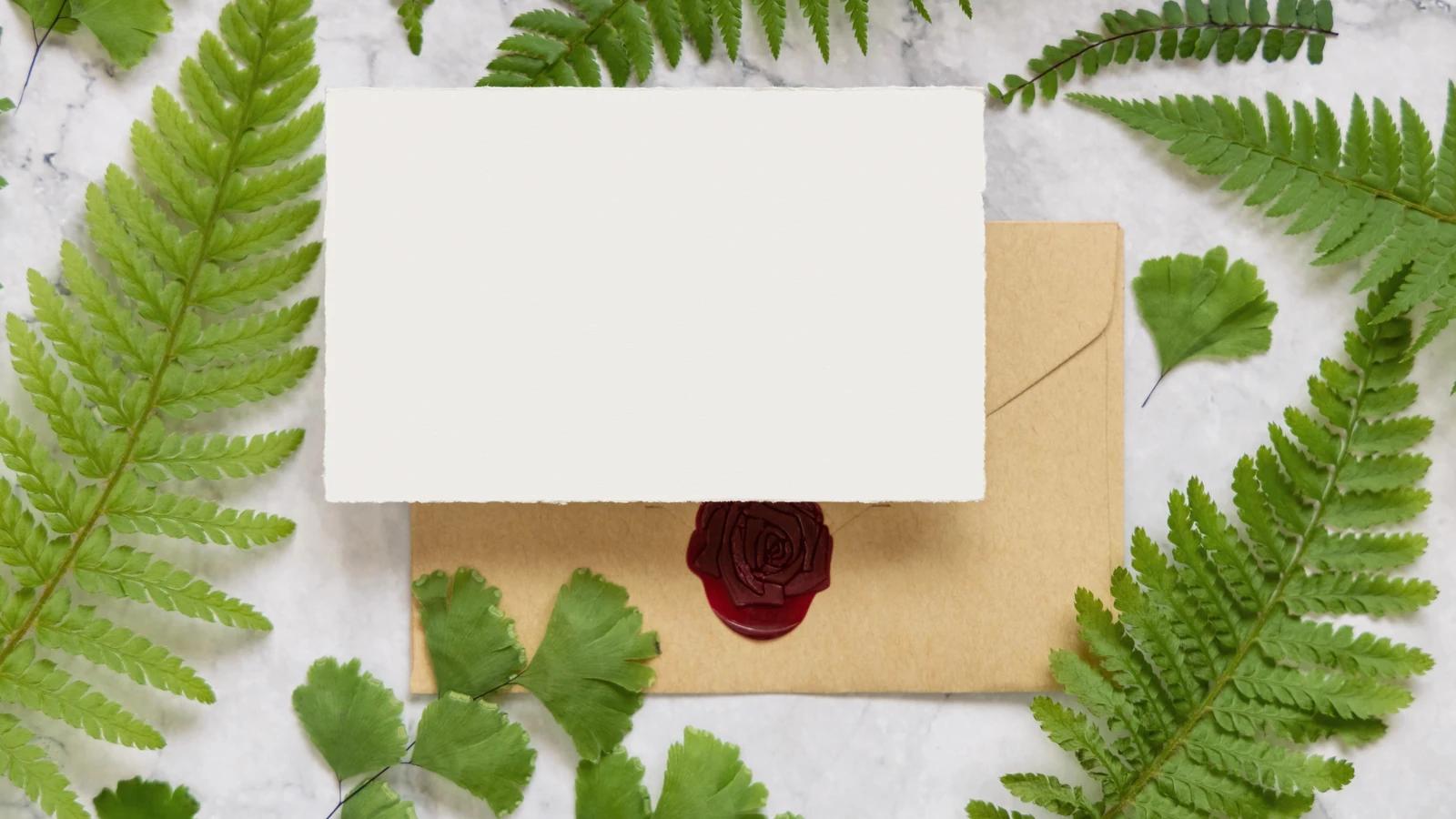 A blank card and a sealed envelope on a marble surface, framed by fern leaves.