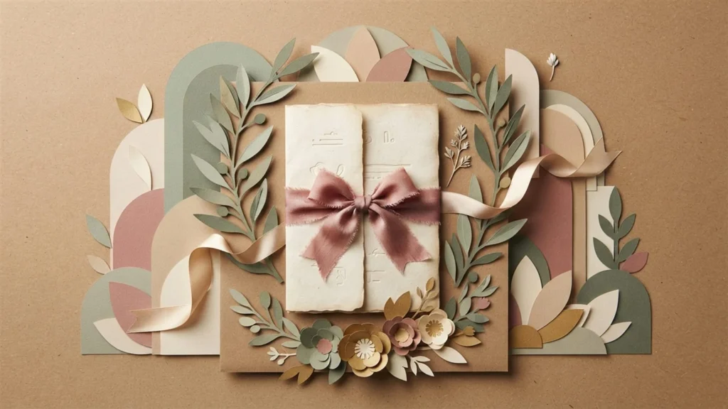 A folded card tied with a ribbon bow, framed by paper leaves and flowers on a warm background.
