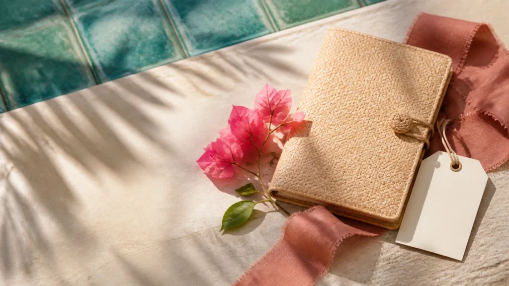 AI-generated illustrative travel-planning scene with woven folio, blank luggage tag and bougainvillea.