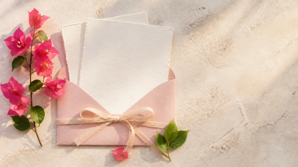 AI-generated illustrative planning scene with blank cards, a blush envelope and bougainvillea.