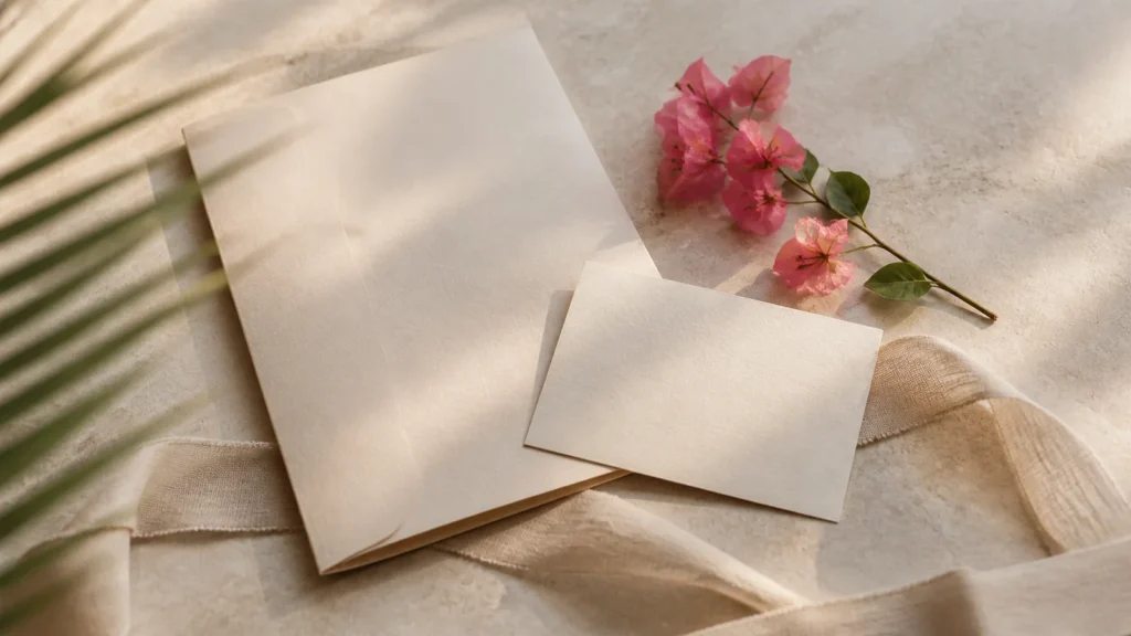 AI-generated illustrative planning scene with blank cream stationery, bougainvillea and palm shadows.