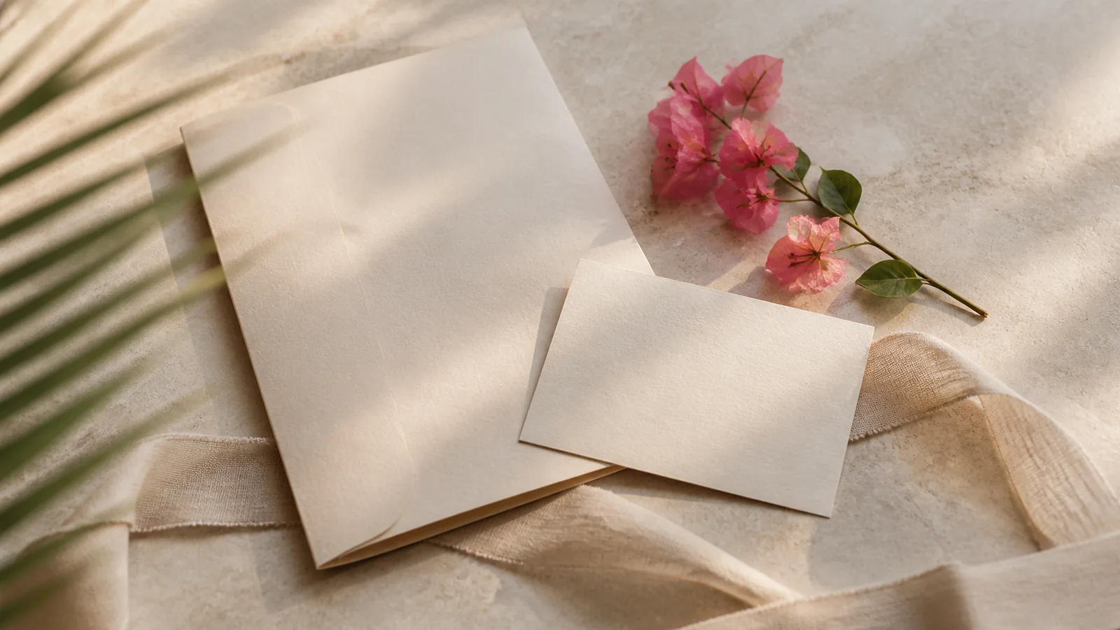 AI-generated illustrative planning scene with blank cream stationery, bougainvillea and palm shadows.