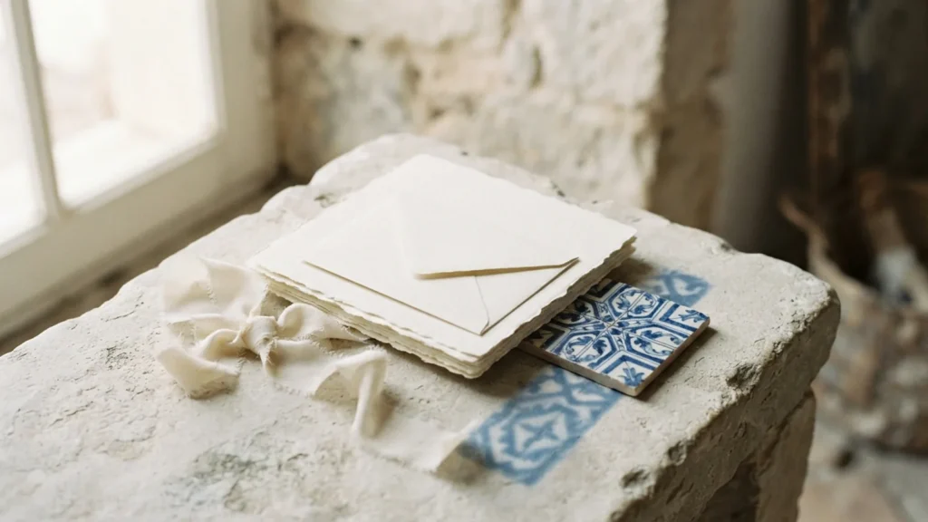 Cream envelope and blank archival cards with a blue tile shadow.