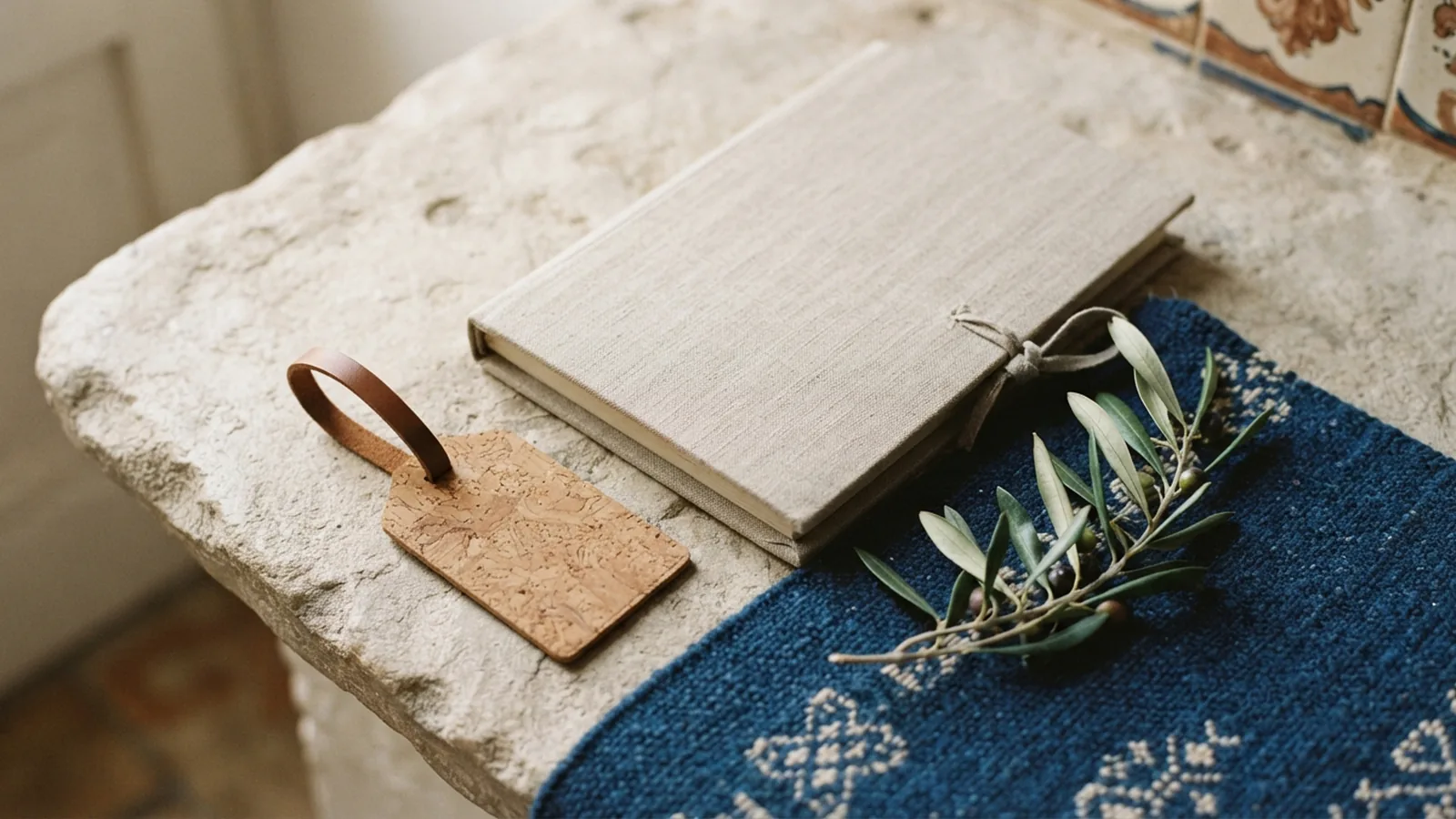 Linen travel folio, blank luggage tag, cork and blue textile.