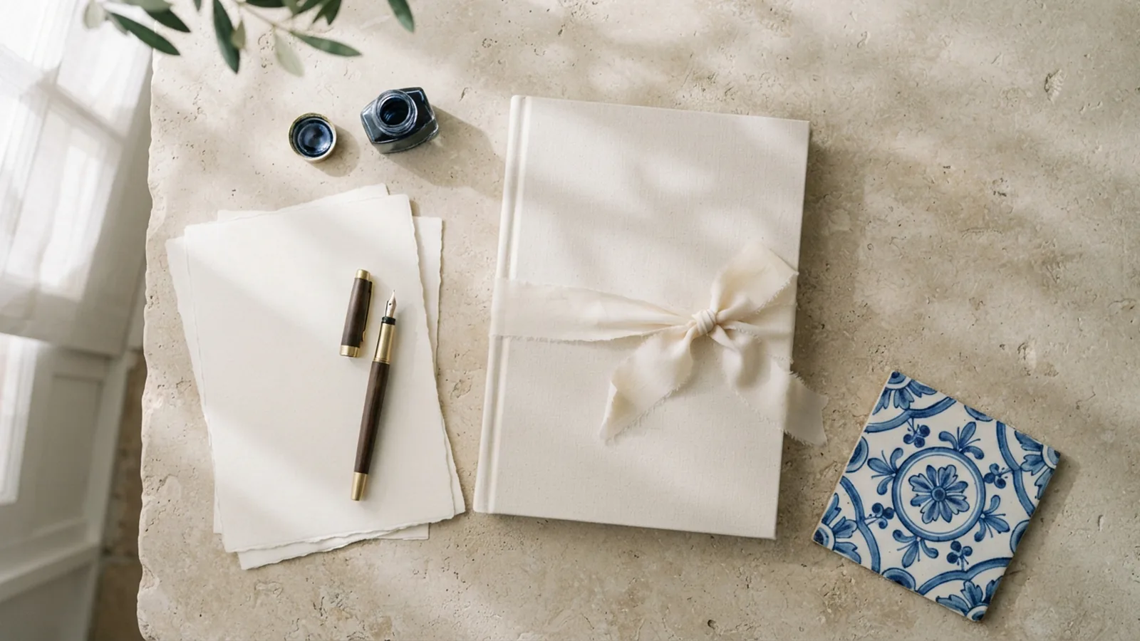 Blank cream folio, ribbon and pen beside a blue-and-white tile.