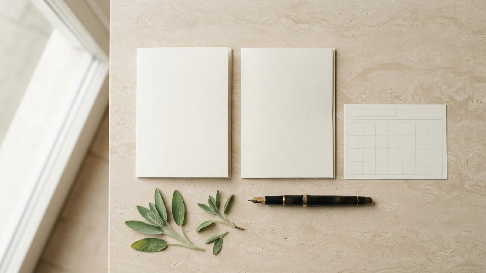 Two blank document folders, a calendar card and a pen in an AI-generated planning scene.