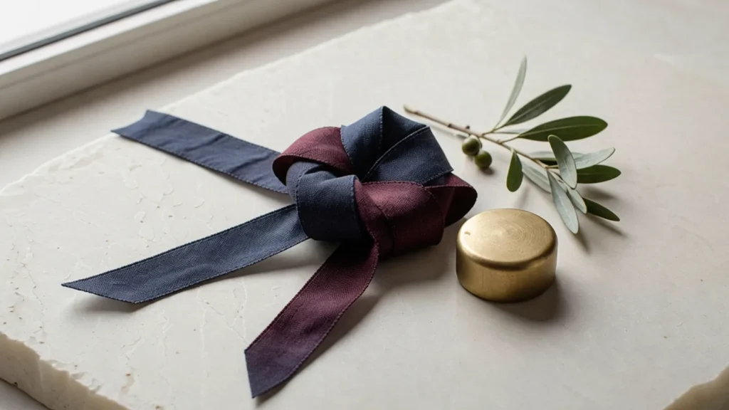 AI-generated still life of navy and burgundy ribbons tied together on pale stone beside an olive sprig.